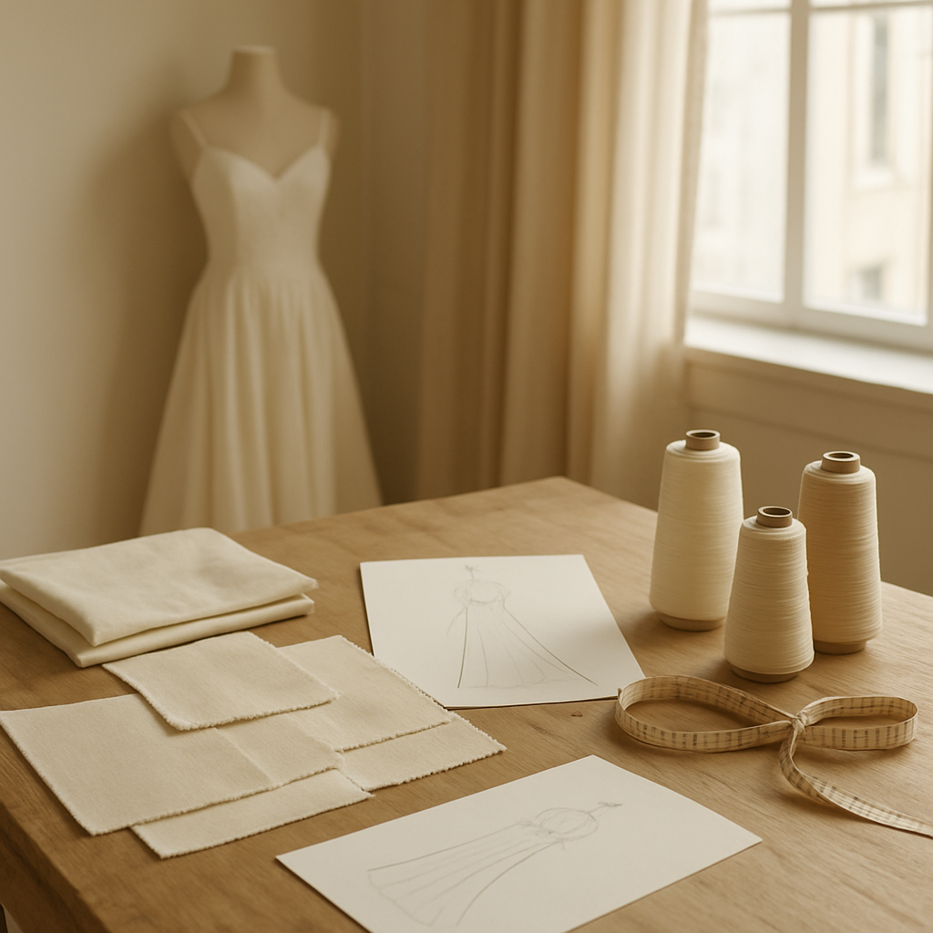Sovelle Studio atelier workspace in New York City — fabric swatches, sketches, and tools